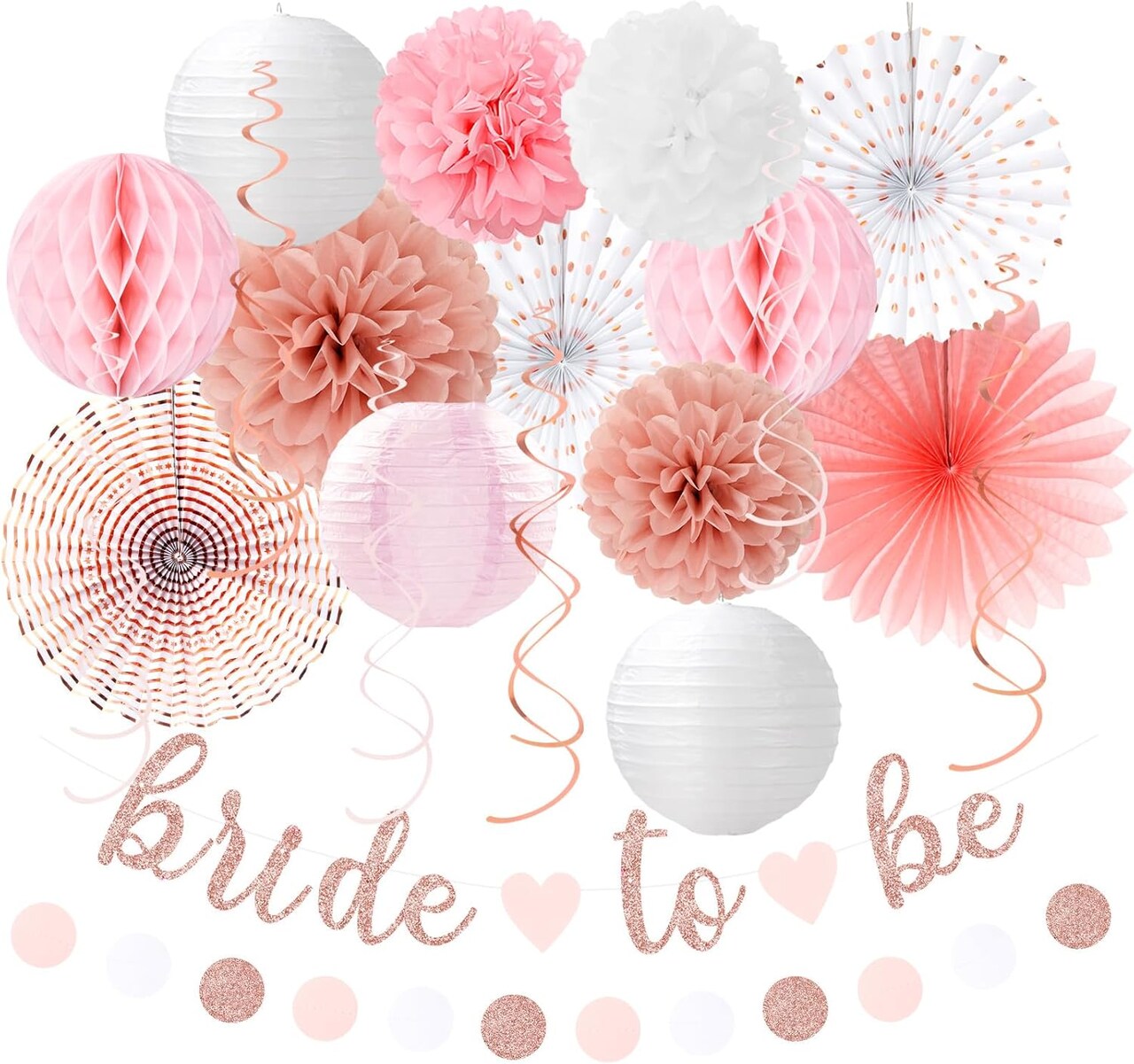 Light-Pink Rose-Gold Bachelorette Party-Decorations - 21pcs Baby Bridal Shower Banner Garland, Bride To Be Paper Streamers Lanterns,flower Tissue Pom Poms Fan Supplies,Wedding Backdrop Decor